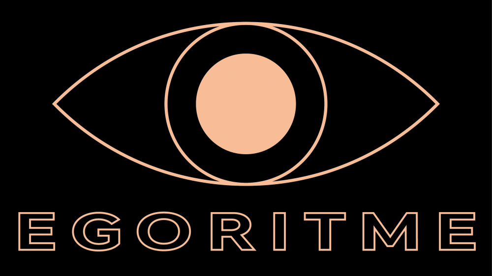 Pictogram van een oog. Het oog is in strakke geometrische lijnen vormgegeven op een zwart vlak. Onder het oog staat in dikke omlijnde letters EGORITME.